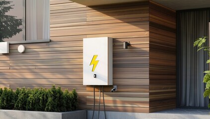 Wall Mural - white outdoor metal electric panel with a yellow lightning icon on the front and charging stations attached to it, on a wooden wall of a modern house, in a closeup