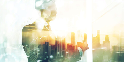 double exposure of a businessperson with a tablet over a city skyline at sunset, merged with financial charts, representing the integration of technology, finance, and urban growth.