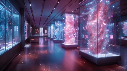 Poster - A futuristic jewelry store features holographic displays showcasing sparkling jewelry pieces.