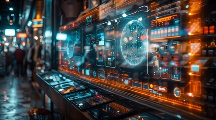 Poster - A large holographic display showcases futuristic technology in an electronics store, creating a captivating and interactive experience.