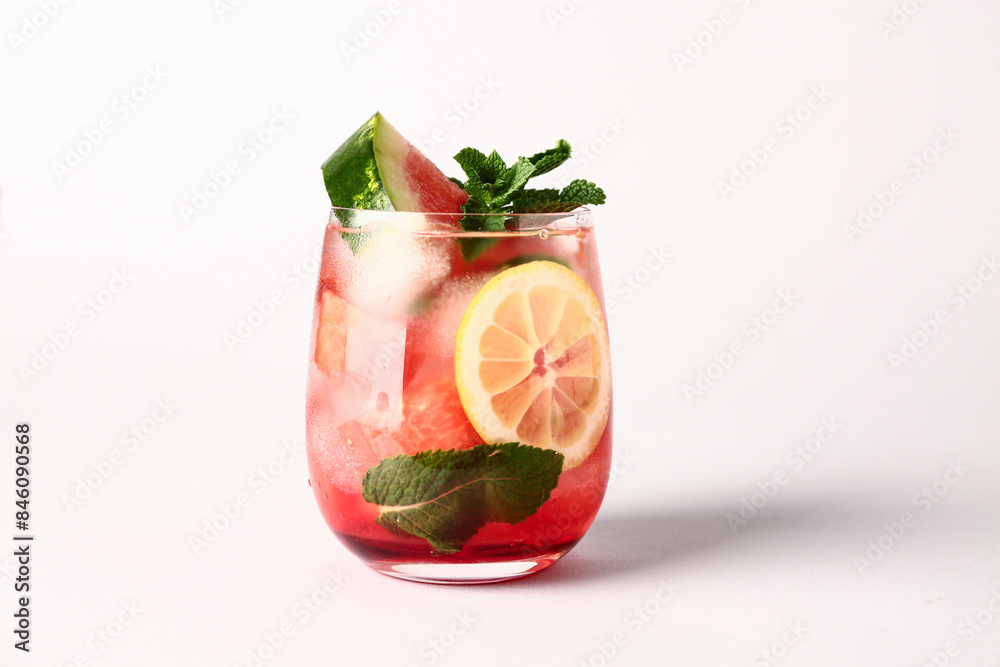 Glass of fresh watermelon lemonade with mint on white background