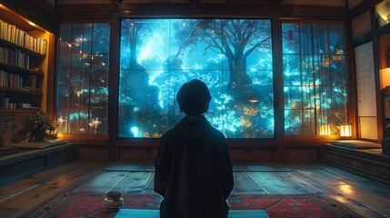 Poster - A silhouette of a student sits in a traditional Japanese home, gazing intently at a holographic literature class projected on the wall.