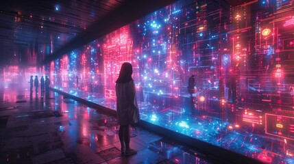 Poster - A person stands in a futuristic corridor, gazing at a vast, holographic cityscape, illuminated by vibrant pink and blue lights.