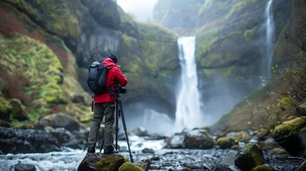 A photographer sets up camera on a tripod back turned as they capture the beauty of a pristine waterfall nestled deep . .