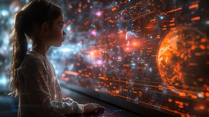 Poster - A young girl interacts with a holographic display of the Earth, learning about environmental science in a captivating classroom setting.
