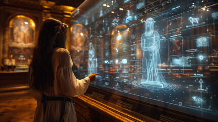 Poster - A woman stands in a museum, interacting with a digital holographic guide displayed on a large touchscreen.