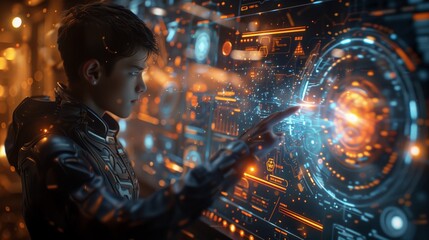 Poster - A young boy in a futuristic setting interacts with a holographic interface, his finger tracing a glowing trail across the digital display.