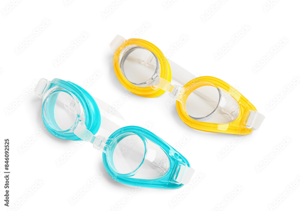 New swimming goggles on white background