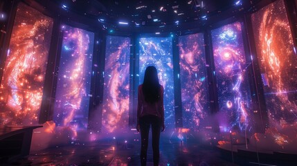 Poster - A woman stands in a futuristic classroom, surrounded by holographic screens displaying cosmic scenes.