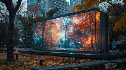 Poster - A holographic theater screen in a park displays a vibrant forest scene.