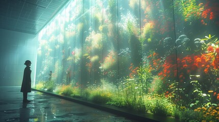 Poster - A person stands before a large, holographic display depicting a lush, vibrant green house, showcasing the wonders of environmental science.