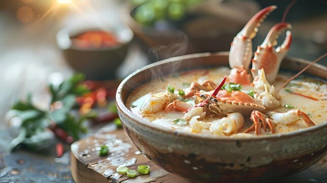 A delicious bowl of soup with a crab floating in it. Perfect for seafood lovers. Can be used to showcase culinary delights or as an appetizing image in a recipe