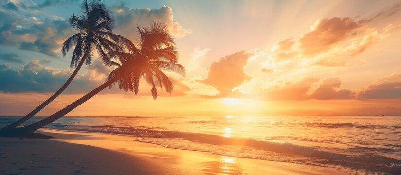 Two palm trees cast a striking silhouette against the backdrop of a tropical beach at sunset