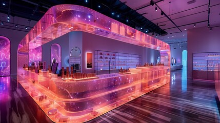 Poster - An illuminated, futuristic beauty counter with holographic displays for trying on makeup.