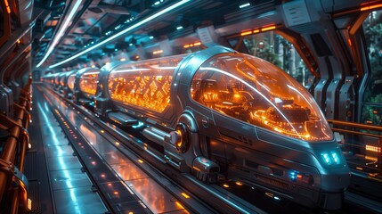 Poster - A futuristic theme park ride car with a transparent, glowing interior, moving through a tunnel.