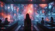© Emiliia - A futuristic classroom with students viewing holographic textbooks on a large screen.