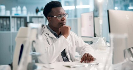 Poster - Science, thinking and black man in laboratory with computer for results, test and medical study. Technology, scientist or lab technician reading web review, report or data on pharmaceutical research