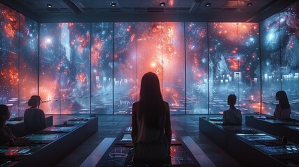 Poster - A futuristic classroom with students viewing holographic textbooks on a large screen.