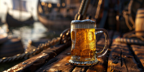 Beer mug on a Northen ship, Viking aesthetic, Celtic symbols, sunlight