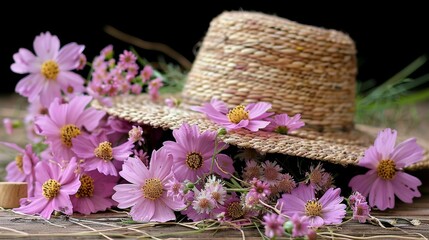 Assortment of spring and summer flowers with gardening tools displayed on a garden table