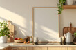 © alfi - A kitchen with a white frame on the wall and a wooden counter