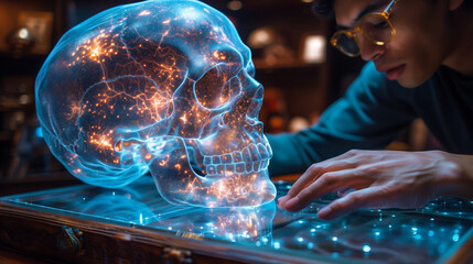 Poster - A student interacts with a holographic skull during an art class, learning about its anatomy and design.