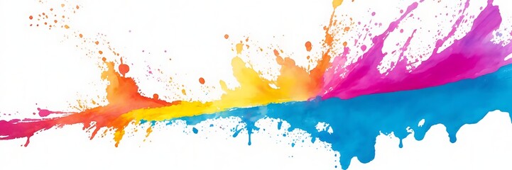 Bright colorful watercolor splash splatter stain brush strokes on white background. Modern vibrant aquarelle spot. Rainbow trendy isolated design on white.