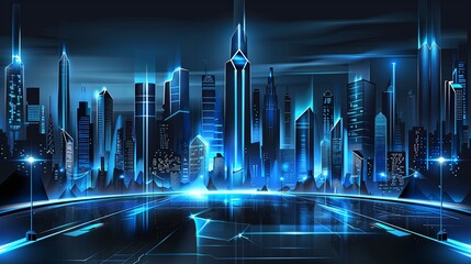 Metropolitan cityscape, accentuated by vibrant neon blue highlights that illuminate the urban landscape.