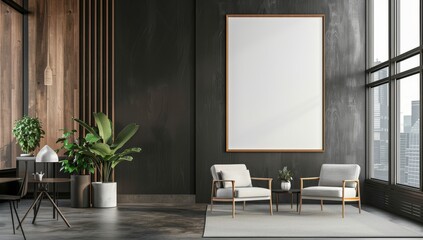 Wall Mural - A mockup of an empty white frame in the corner of a modern office with black walls and wooden details.