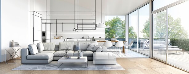 A modern living room with large windows and an open kitchen in the background, interior design concept, blueprint sketch on white wall, light gray sofa, wooden floor, blue line drawing