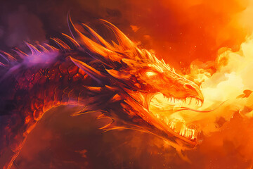 Wall Mural - Red dragon breathing fire. Mythology creature. Dark fantasy illustration