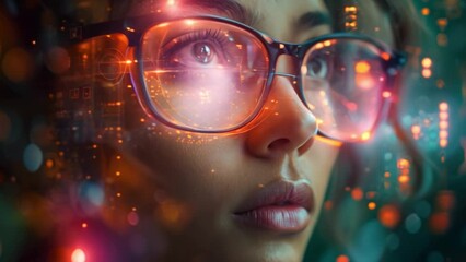 Poster - A woman in glasses stares intently as a holographic math tutor explains complex concepts.
