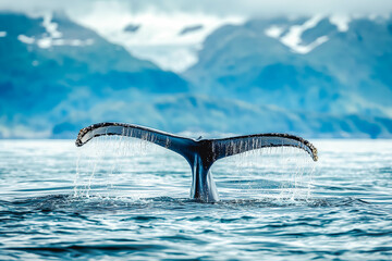 Wall Mural - Seascape with Whale tail. The humpback whale (Megaptera novaeangliae) tail