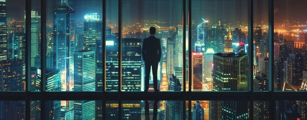 Wall Mural - Businessman standing in a skyscraper office, concept of success and creativity in business, night city background.