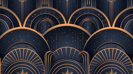 Wall Mural - Art deco pattern cover design vector. Set invitation card of abstract geometric line art shape design on dark blue background. Use for wedding invitation, cover, VIP card, print, gala, wallpaper. 