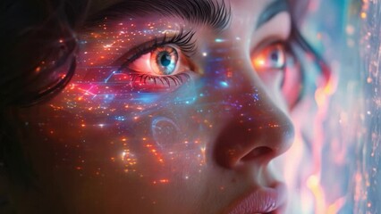 Poster - A persons eye is shown in close-up with the reflection of city lights and other holographic imagery in it.