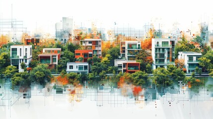 Detailed architectural plan of an urban development showing city streets and buildings from an overhead view in a technical drawing style on a white background with grid lines for layout design.