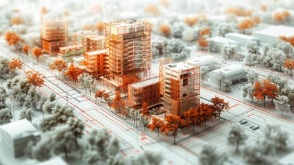 Detailed architectural plan of an urban development showing city streets and buildings from an overhead view in a technical drawing style on a white background with grid lines for layout design.