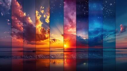 Wall Mural - a series of images of the ocean at sunset, each with a different color scheme