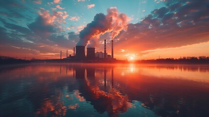 Nuclear power plant with smoke from the towers against sunset sky. Sunlight, reflection in water and clouds.