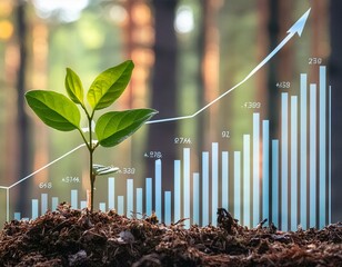 Wall Mural - A fresh seedling growing in a forest with an upward financial graph in the background, symbolizing financial success, high resolution, clear and detailed, vibrant colors