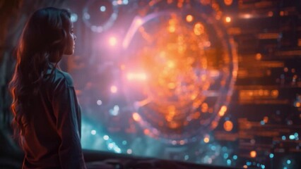 Poster - A woman stands in front of a futuristic display showcasing a holographic language tutor, highlighting interactive learning.