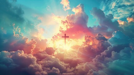 Easter day and Christian concept picture of holy cross, the symbol of death and resurrection of Jesus Christ with sunrays through colorful sky background.