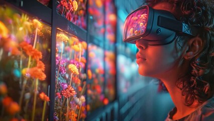 Poster - A young person wearing virtual reality goggles views a holographic display of colorful flowers, perhaps as part of a virtual art class.
