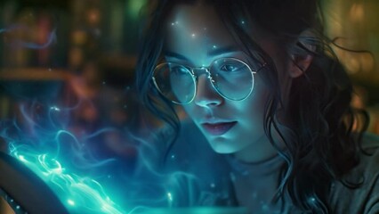 Poster - A woman wearing glasses reads a book that emits blue light and animated effects in a holographic literature class.