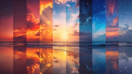 Wall Mural - a series of images of the ocean at sunset, each with a different color scheme