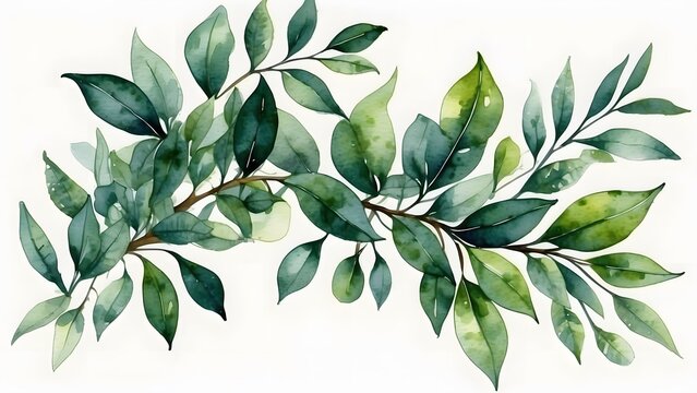 An elegant depiction of a branch with lush green watercolor leaves, embodying nature and freshness