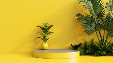 Blank yellow display on vivid summer background with minimal style. Blank stand for showing product. 3D rendering. 