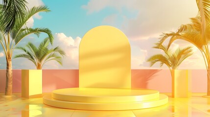 Blank yellow display on vivid summer background with minimal style. Blank stand for showing product. 3D rendering. 