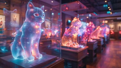Poster - A holographic cat is displayed in a glass case at a virtual pet store. The cat is lit with blue and red lights, giving it a vibrant, futuristic appearance.